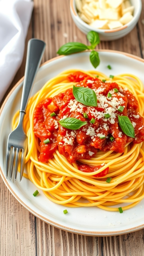 Classic Tomato Basil Pasta Recipe A plate of spaghetti with tomato basil sauce, garnished with basil and Parmesan cheese.